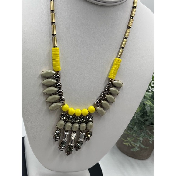J. Crew Colorful Yellow Sage Green Gray Rhinestone Statement Gold Tone Necklace - Picture 4 of 16